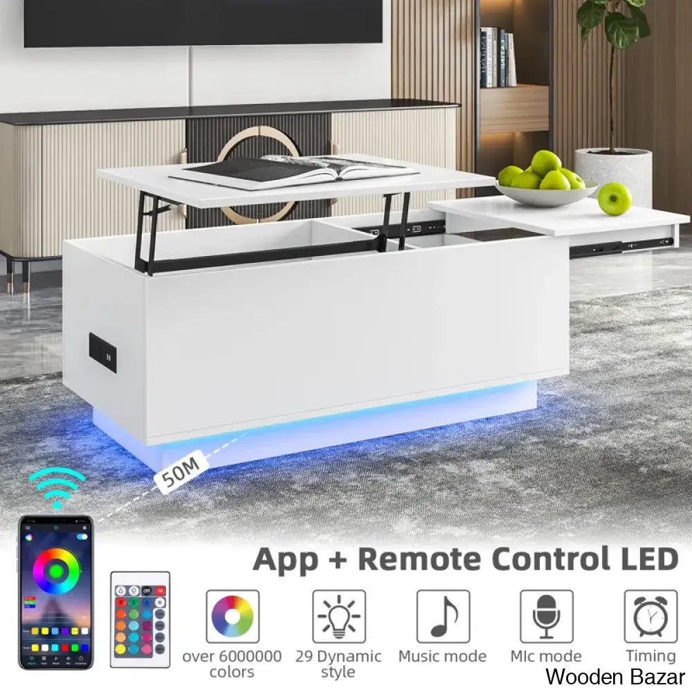 Anushreen Lift Top Coffee And Center Table With Charging Station Rgb Led Lights Hidden Storage