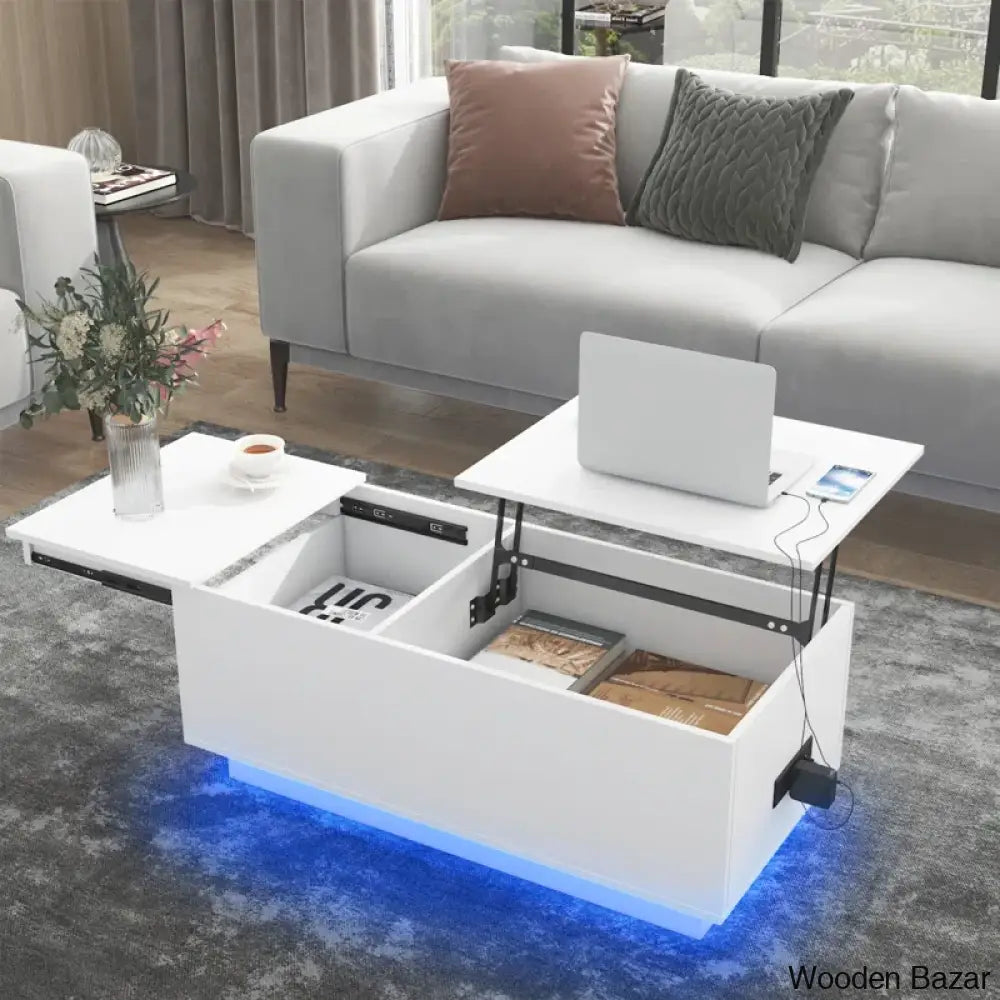 Anushreen Lift Top Coffee And Center Table With Charging Station Rgb Led Lights Hidden Storage