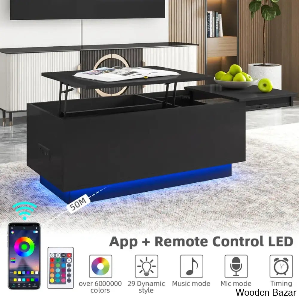 Anushreen Lift Top Coffee And Center Table With Charging Station Rgb Led Lights Hidden Storage