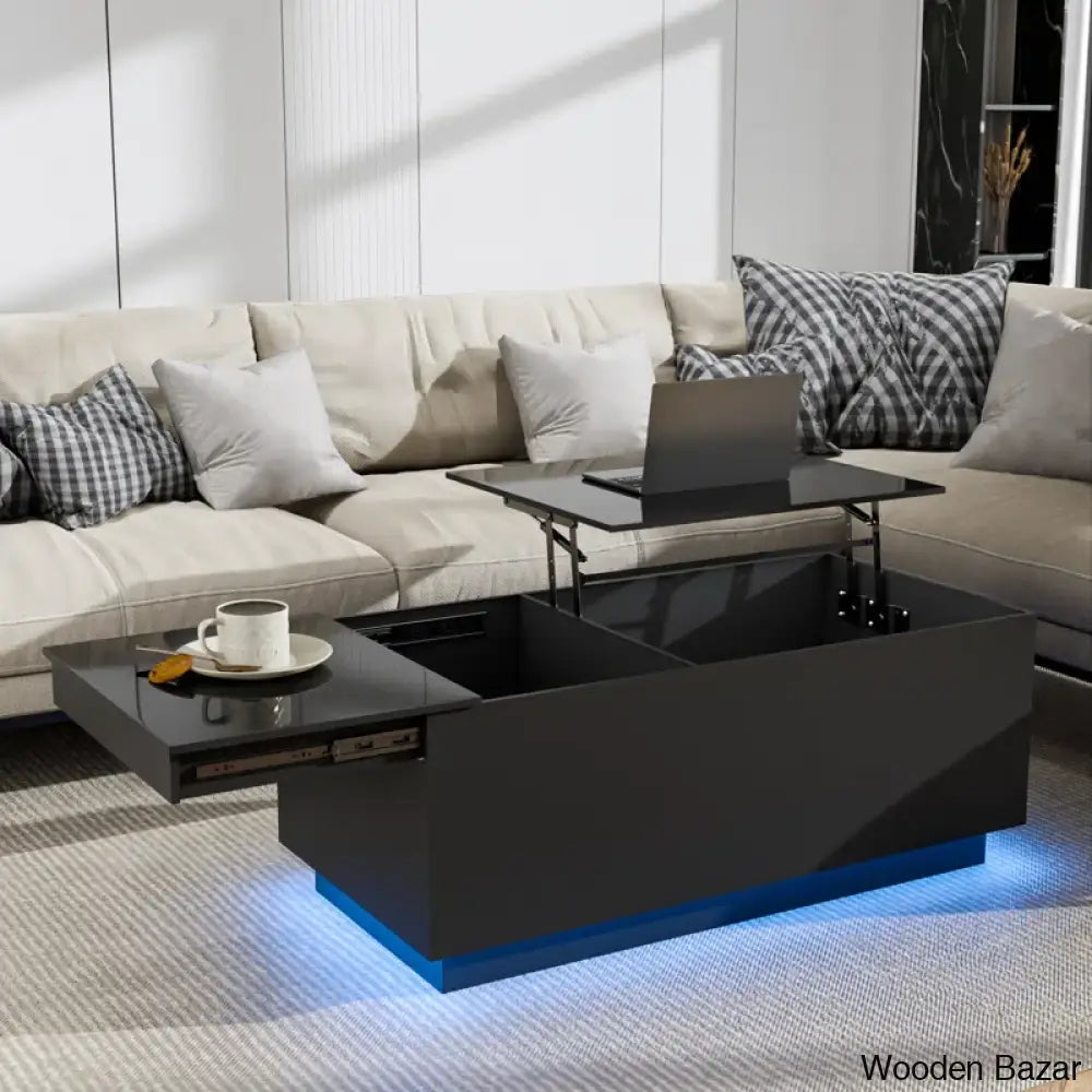 Anushreen Lift Top Coffee And Center Table With Charging Station Rgb Led Lights Hidden Storage