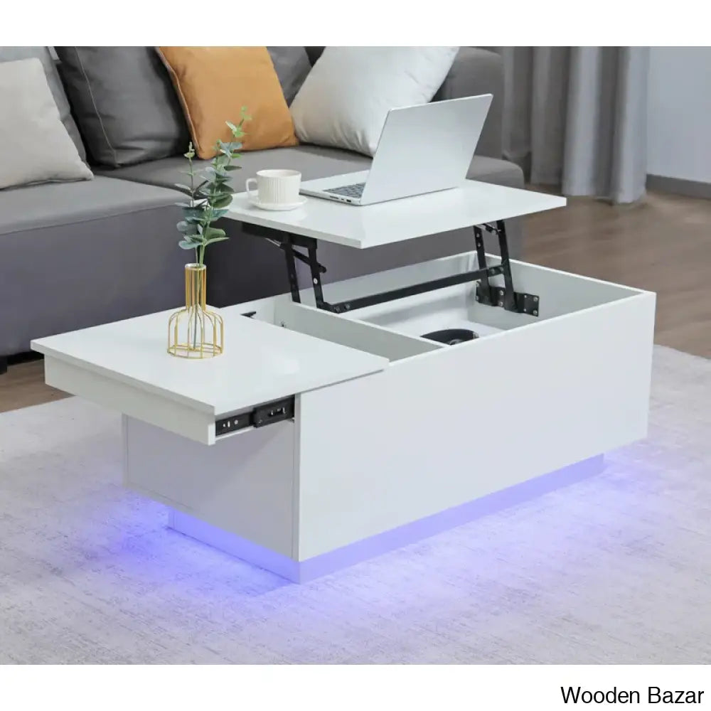 Anushreen Lift Top Coffee And Center Table With Charging Station Rgb Led Lights Hidden Storage