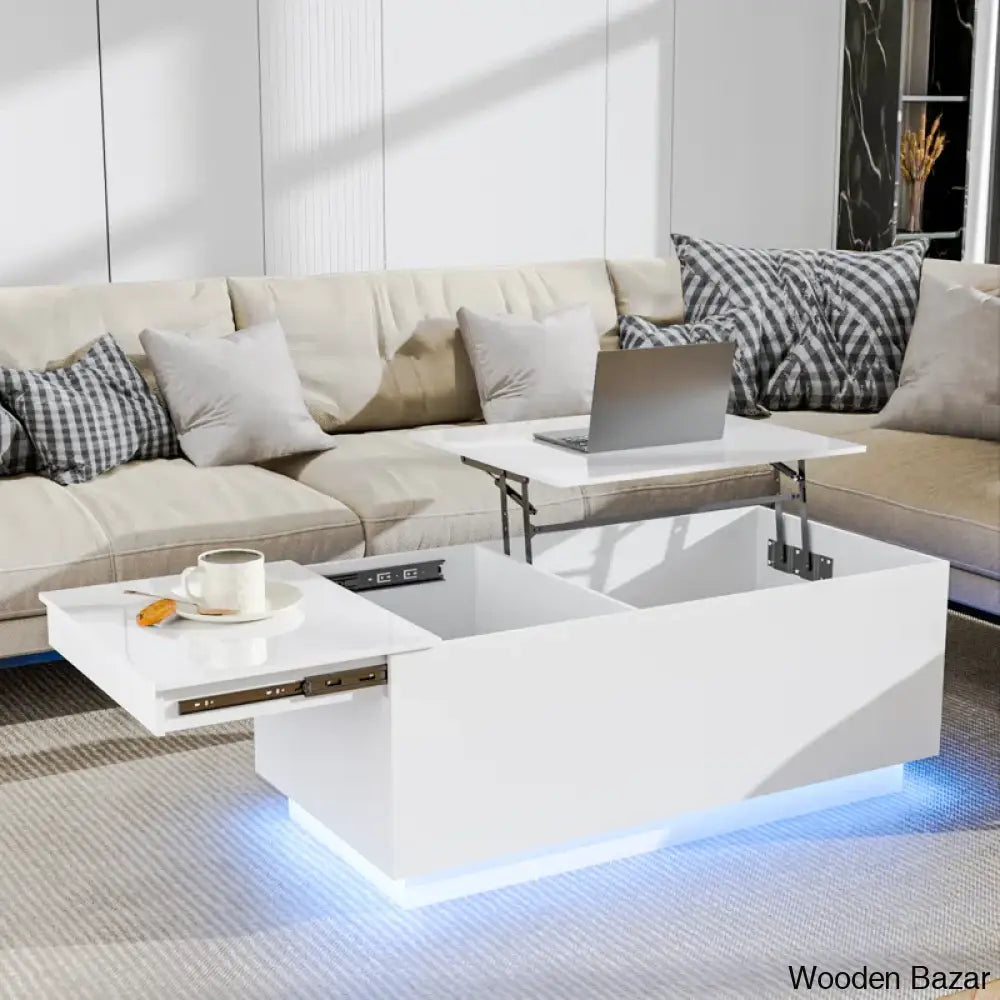 Anushreen Lift Top Coffee And Center Table With Charging Station Rgb Led Lights Hidden Storage