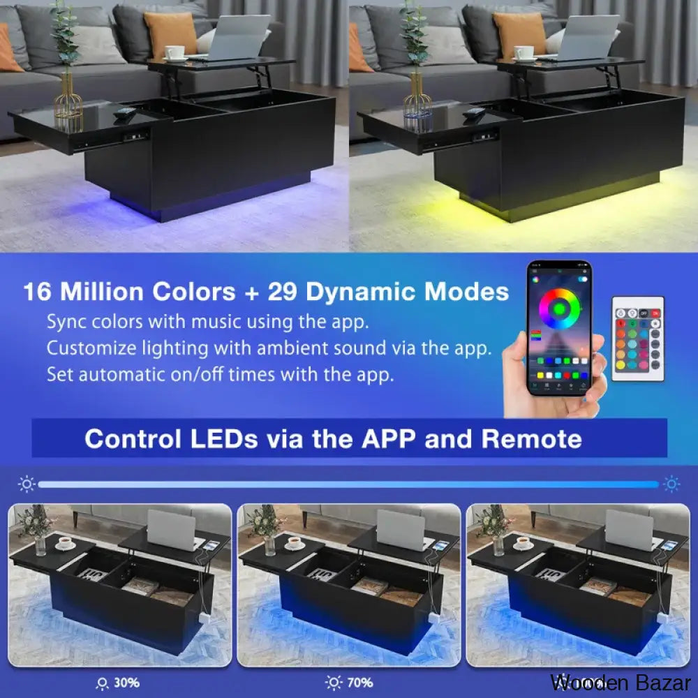 Anushreen Lift Top Coffee And Center Table With Charging Station Rgb Led Lights Hidden Storage