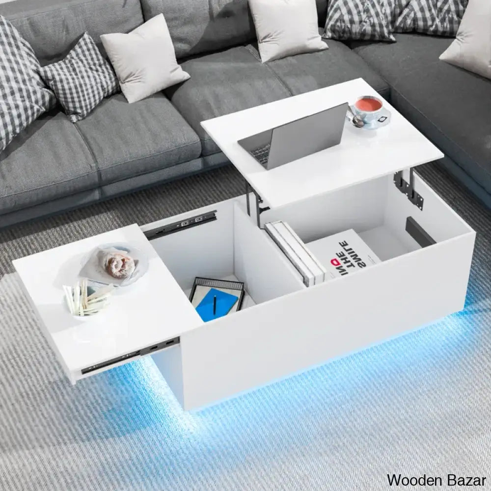 Anushreen Lift Top Coffee And Center Table With Charging Station Rgb Led Lights Hidden Storage