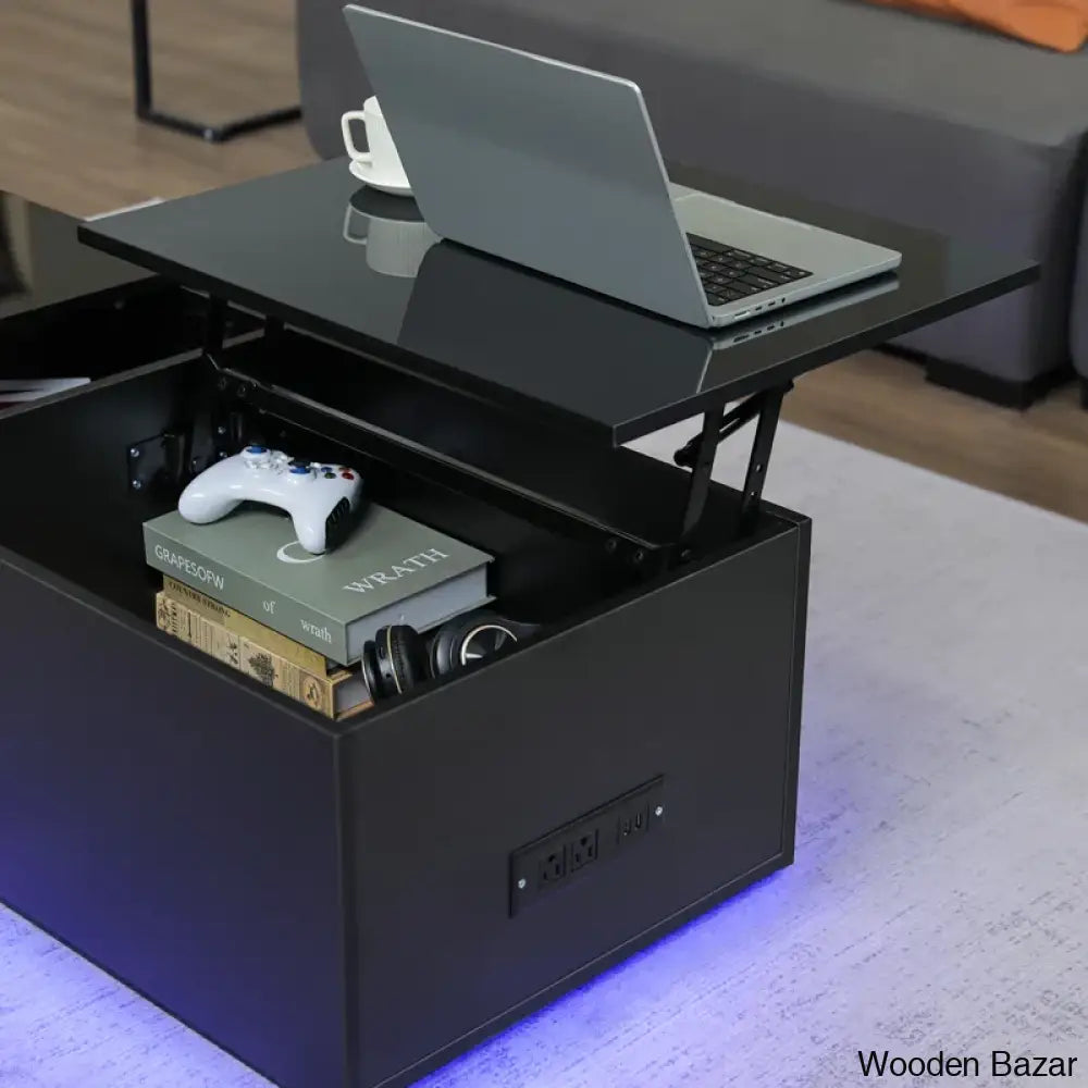 Anushreen Lift Top Coffee And Center Table With Charging Station Rgb Led Lights Hidden Storage