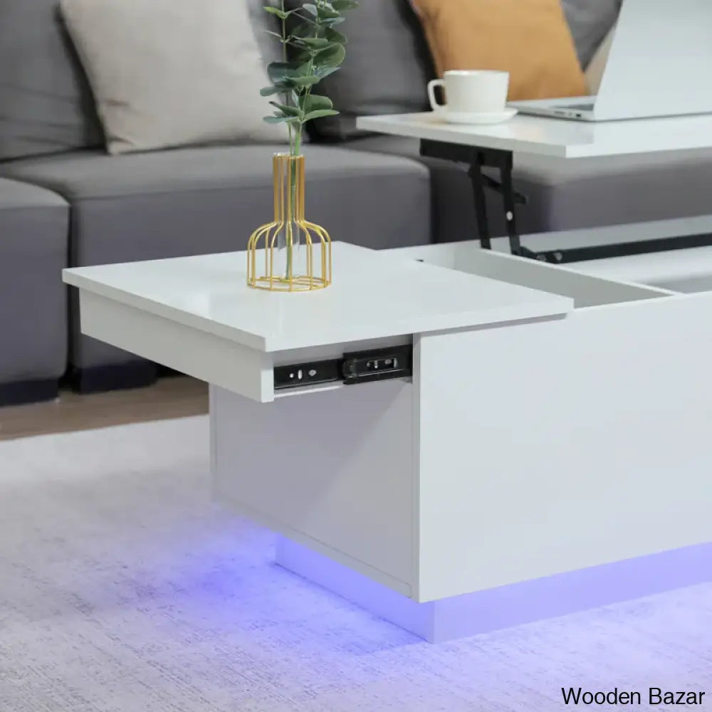 Anushreen Lift Top Coffee And Center Table With Charging Station Rgb Led Lights Hidden Storage