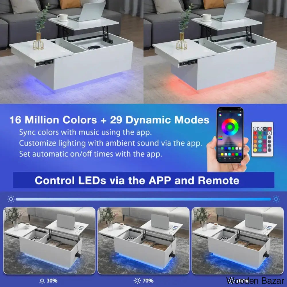 Anushreen Lift Top Coffee And Center Table With Charging Station Rgb Led Lights Hidden Storage