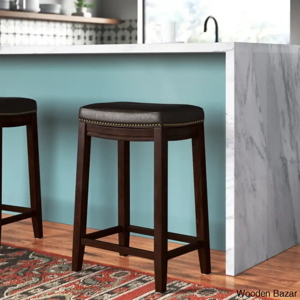 Arlycey Swivel 26.5’’ Solid Wood Backless Counter And Bar Stool With Vegan Leather Upholstered