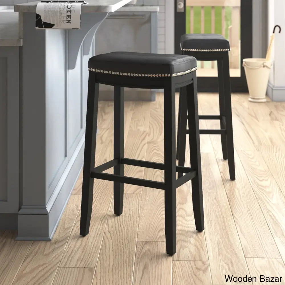 Arlycey Swivel 26.5’’ Solid Wood Backless Counter And Bar Stool With Vegan Leather Upholstered