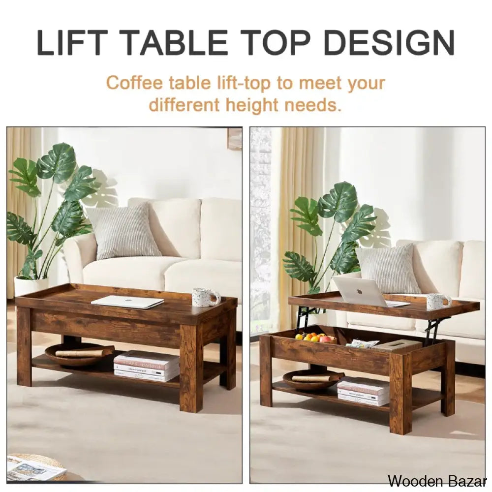 Arriks Minimalist Lift Top Coffee And Center Table W/ Hidden Storage Compartment & Open Shelves