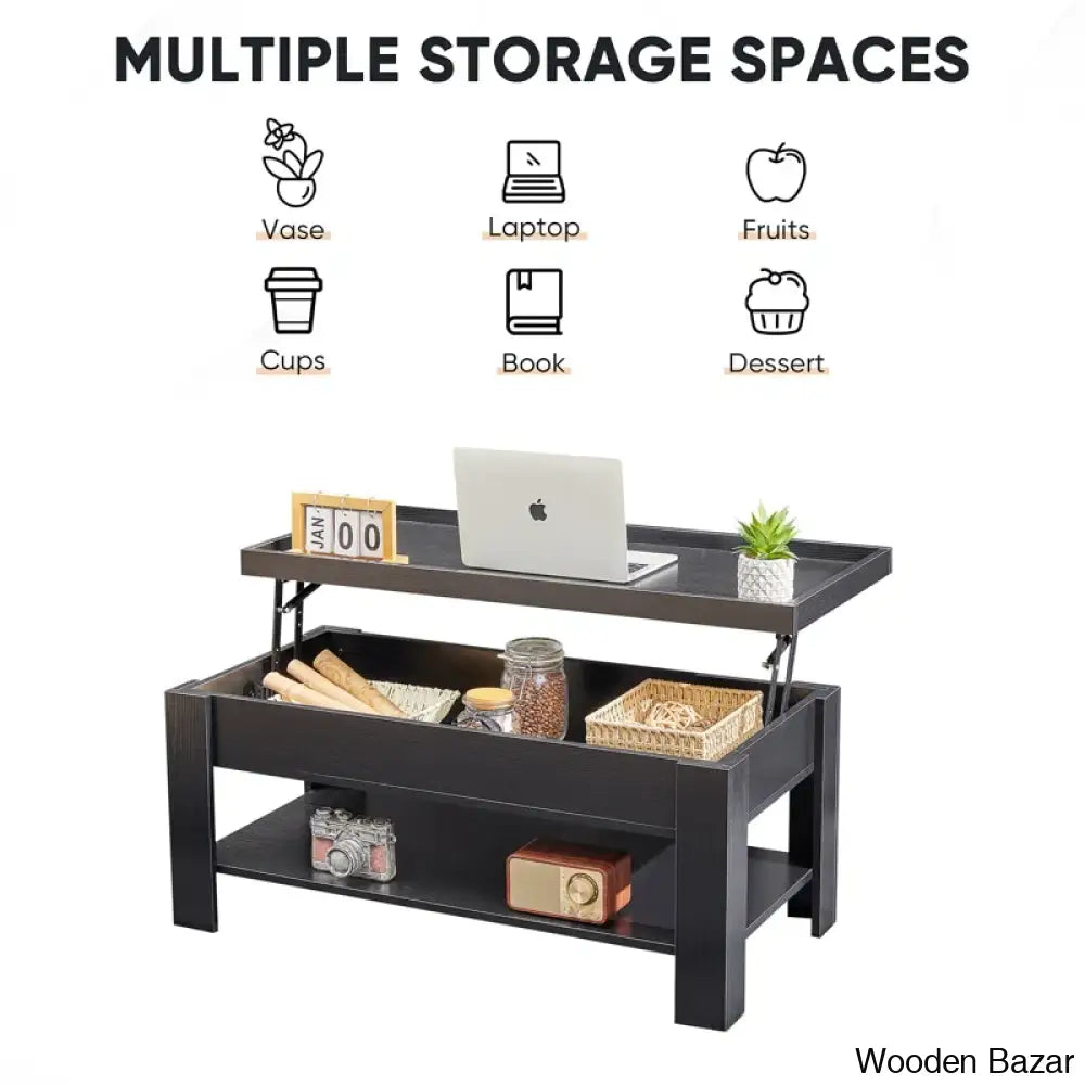 Arriks Minimalist Lift Top Coffee And Center Table W/ Hidden Storage Compartment & Open Shelves