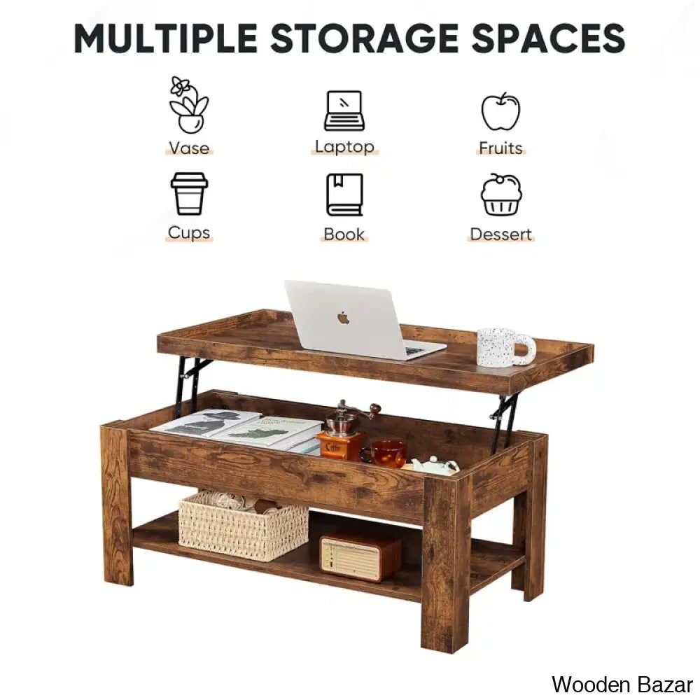 Arriks Minimalist Lift Top Coffee And Center Table W/ Hidden Storage Compartment & Open Shelves