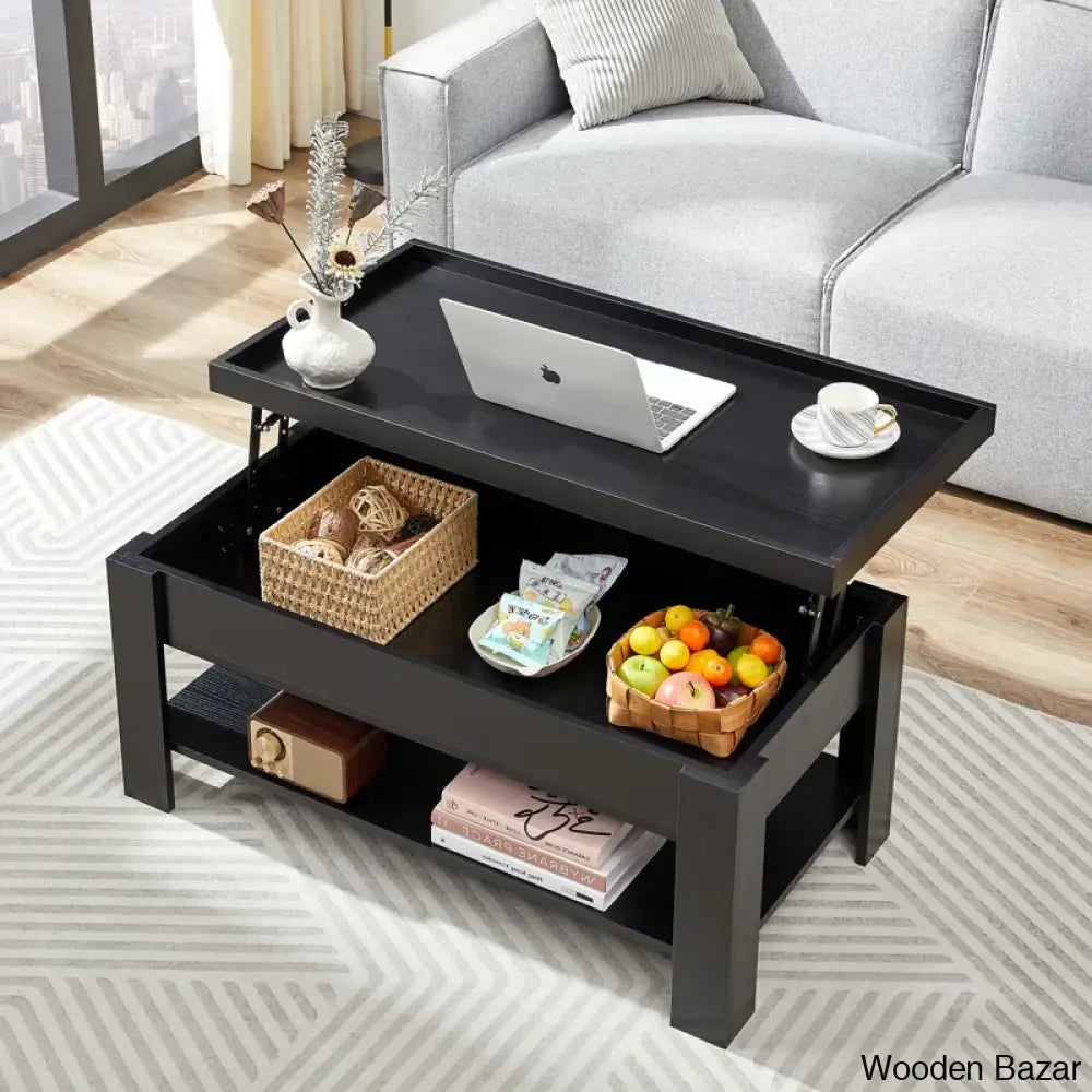 Arriks Minimalist Lift Top Coffee And Center Table W/ Hidden Storage Compartment & Open Shelves