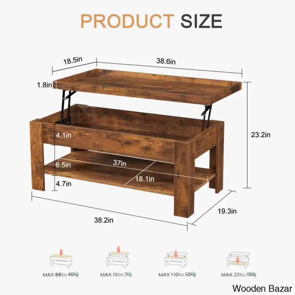 Arriks Minimalist Lift Top Coffee And Center Table W/ Hidden Storage Compartment & Open Shelves