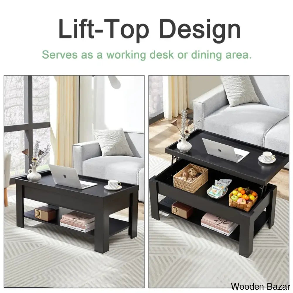 Arriks Minimalist Lift Top Coffee And Center Table W/ Hidden Storage Compartment & Open Shelves