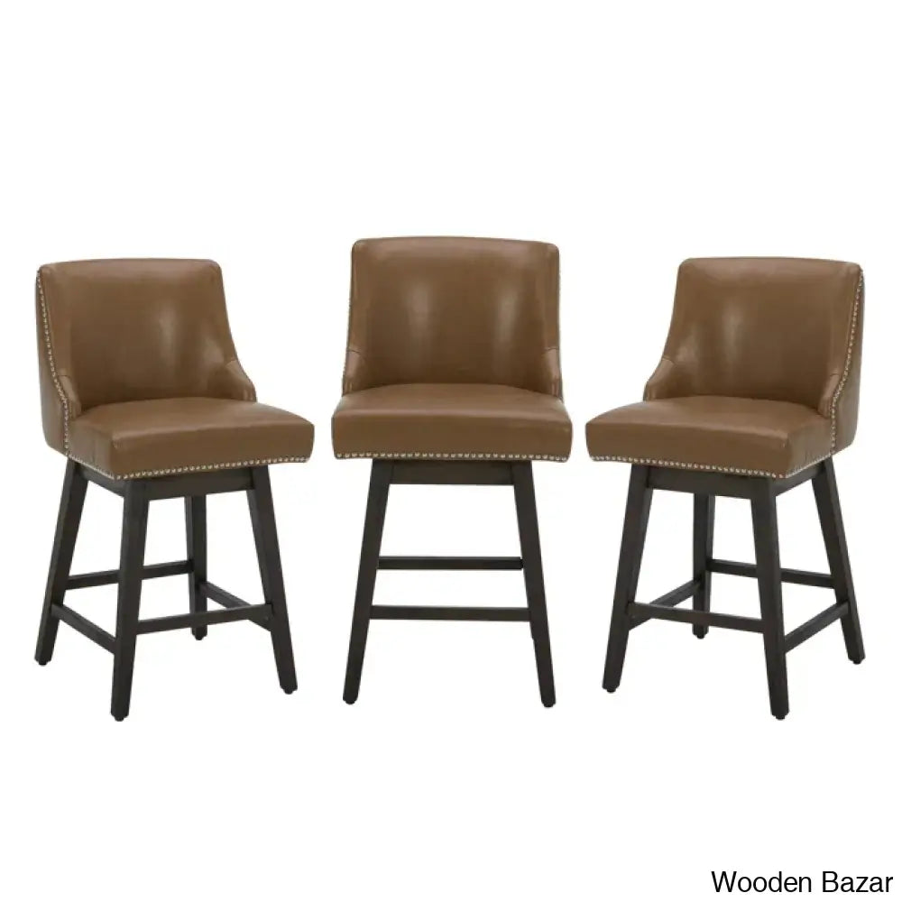 Arvellex Swivel Upholstered 26’’ Counter Stool With Solid Wood Frame (Set Of 3) Saddle Brown