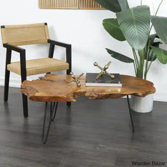 Ashyriac Teak Wood Handmade Live Edge Living Room Coffee Table With Black Metal Hairpin Legs And