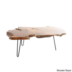 Ashyriac Teak Wood Handmade Live Edge Living Room Coffee Table With Black Metal Hairpin Legs And