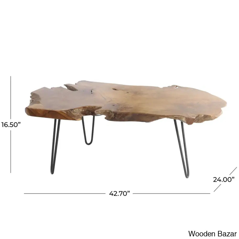 Ashyriac Teak Wood Handmade Live Edge Living Room Coffee Table With Black Metal Hairpin Legs And