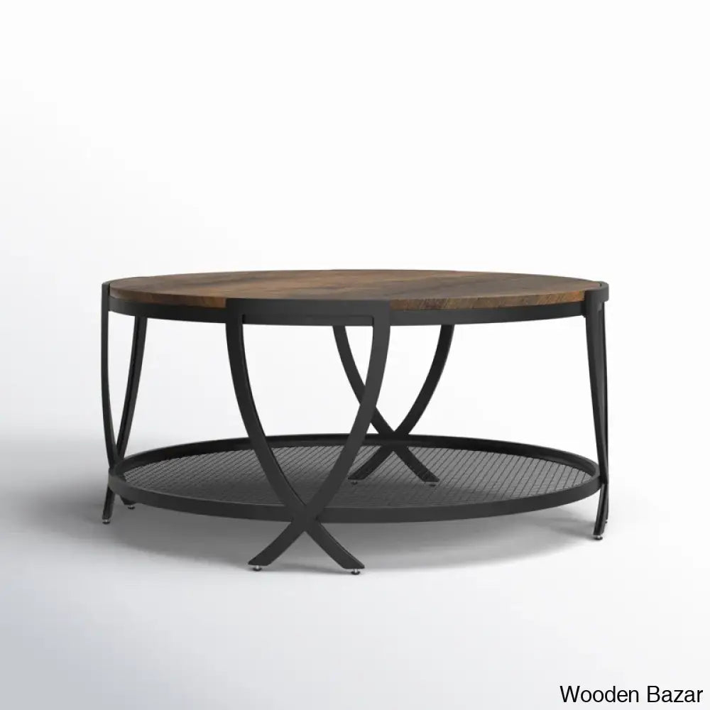 Aumilleri 34’’ Round Coffee Table With Open Storage And Cross Metal Legs Coffee Center Table