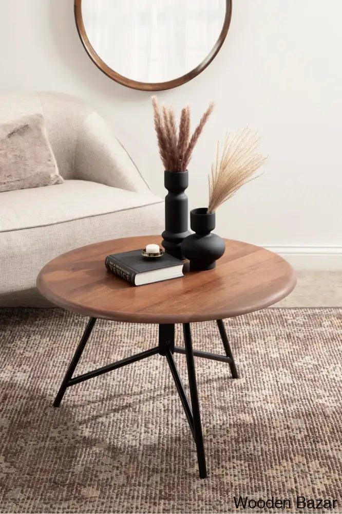 Avelye Modern Round Wood And Metal Coffee Center Table