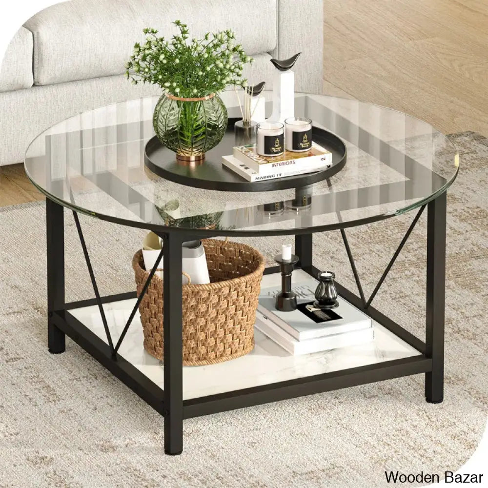 Ayub Modern Round Glass Coffee And Center Table With Metal Frame