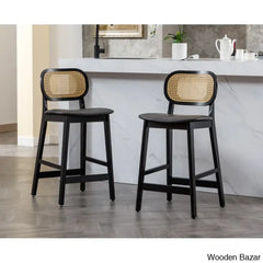 Azaraho Swivel Solid Wood 25.5’’ Counter And Bar Stool (Set Of 2) Black / Faux Leather-Black