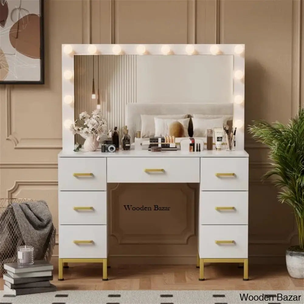 Azmira Large Makeup Vanity Dressing Table Set With Lighted Mirror