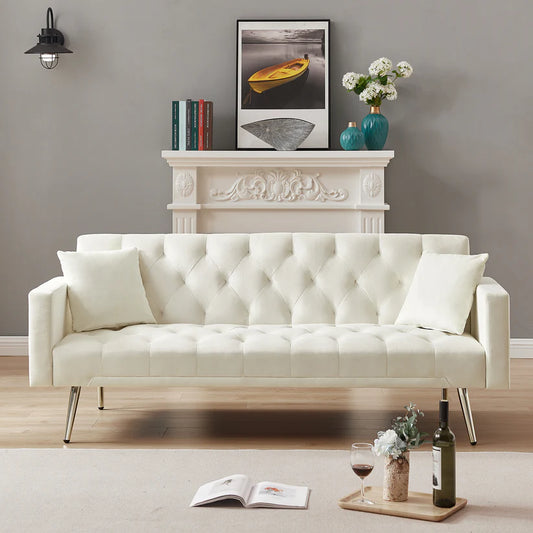 Tremblay Luxury 3 Seater Foldable Chesterfield Sofa Bed In Cream White Color