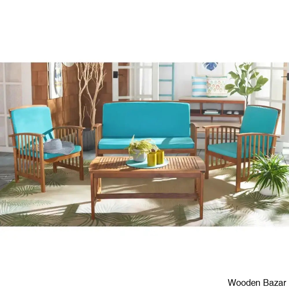 This balcony chair is crafted from solid acacia wood, and includes water-resistant cushions that are upholstered with a polyester blend, and can be removed and stored away when necessary.