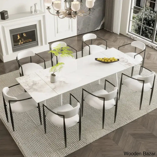 Barric Sintered Stone Table With 8 Luxurious Fabric Chairs - Wooden Bazar Chanel