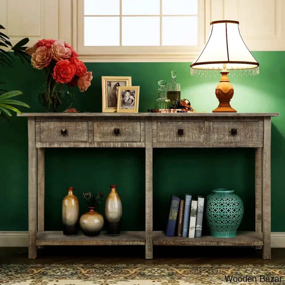 Batotana 59’’ Rustic Distressed Console Table With 4 Drawers And Shelf Entryway Sofa