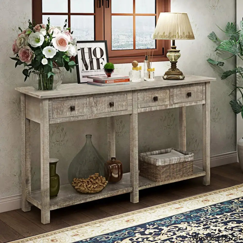 Batotana 59’’ Rustic Distressed Console Table With 4 Drawers And Shelf Entryway Sofa