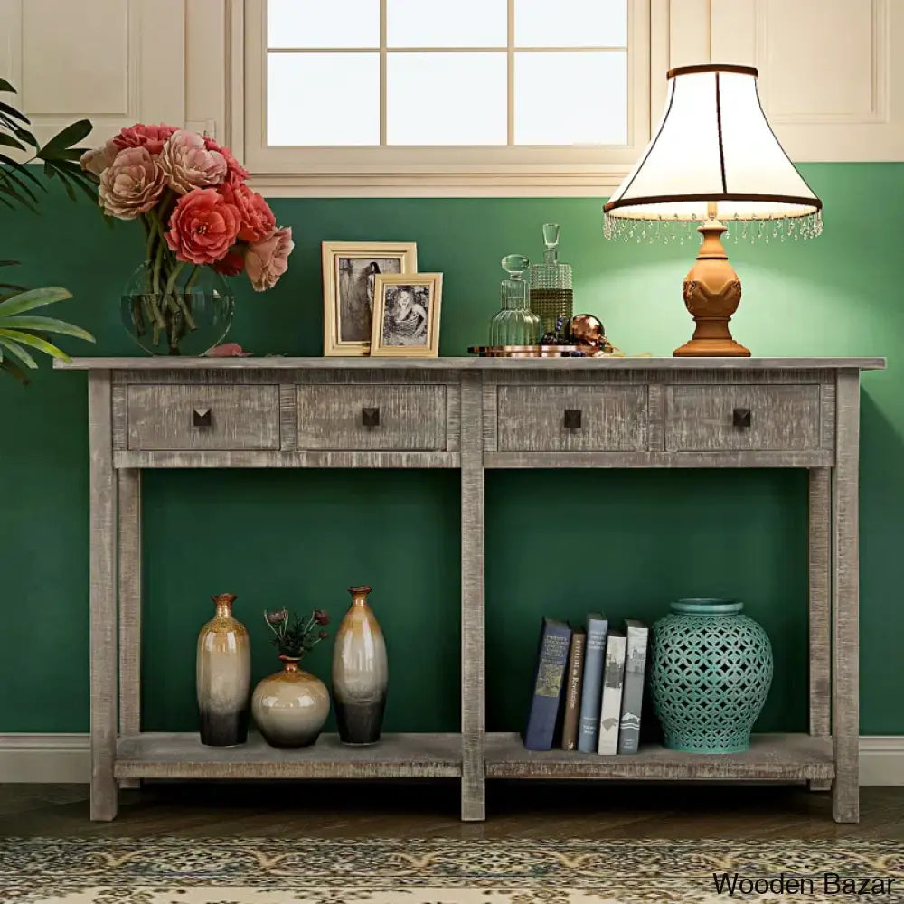 Batotana 59’’ Rustic Distressed Console Table With 4 Drawers And Shelf Entryway Sofa