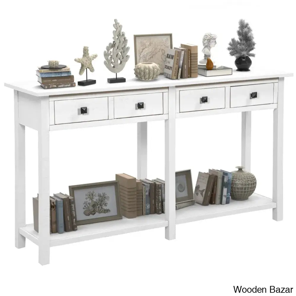 Batotana 59’’ Rustic Distressed Console Table With 4 Drawers And Shelf Entryway Sofa Ivory White