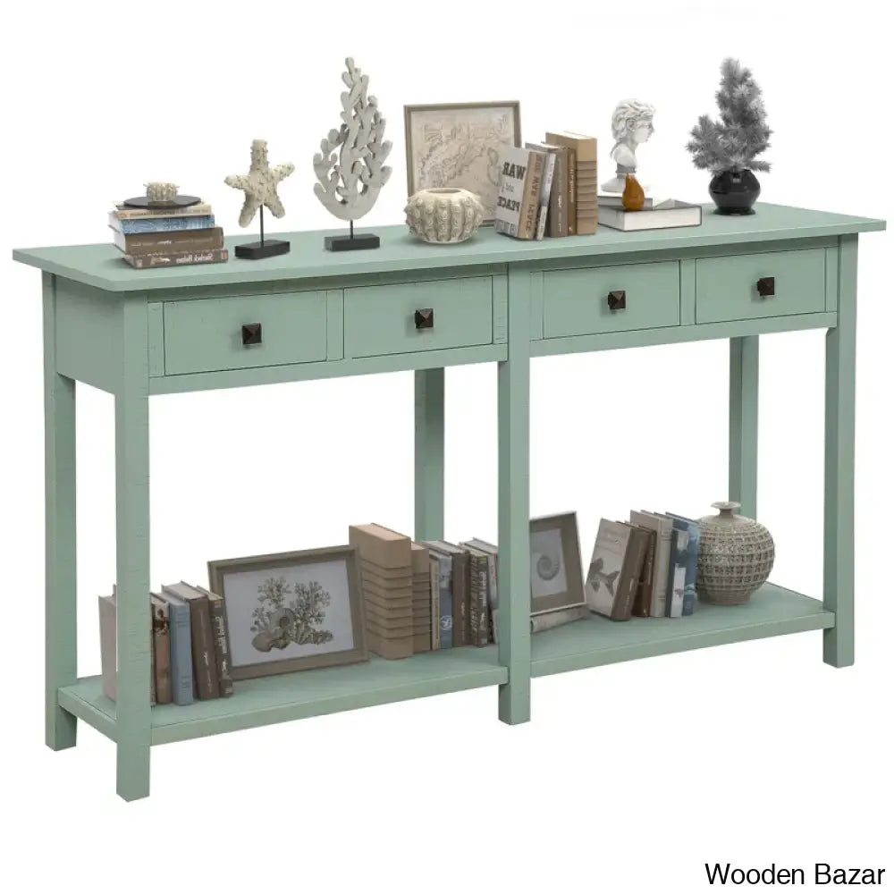 Batotana 59’’ Rustic Distressed Console Table With 4 Drawers And Shelf Entryway Sofa Tiffany Blue