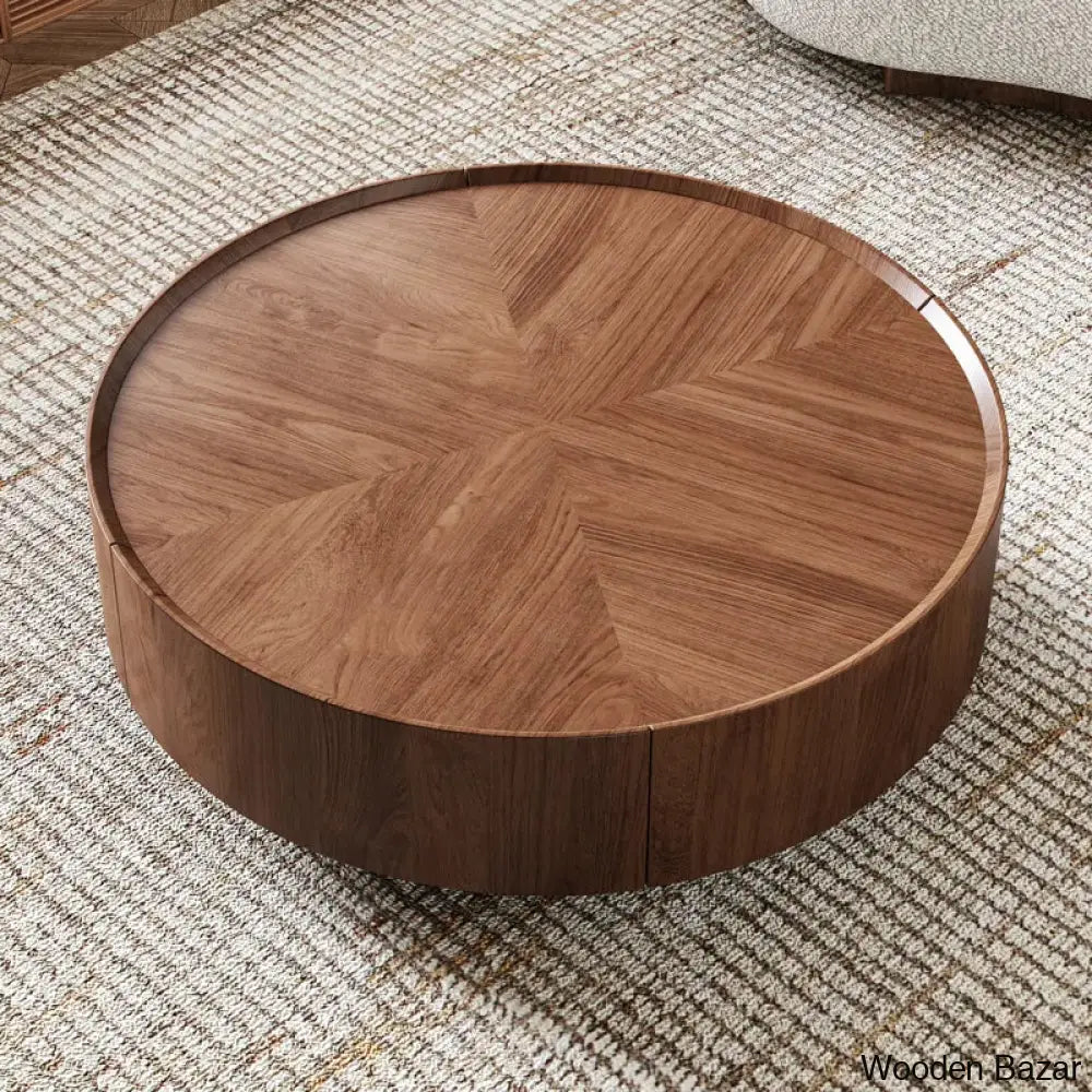 Beacon Industrial Walnut Round Coffee Table With Storage Drawers For Living Room 12.6’’ H X