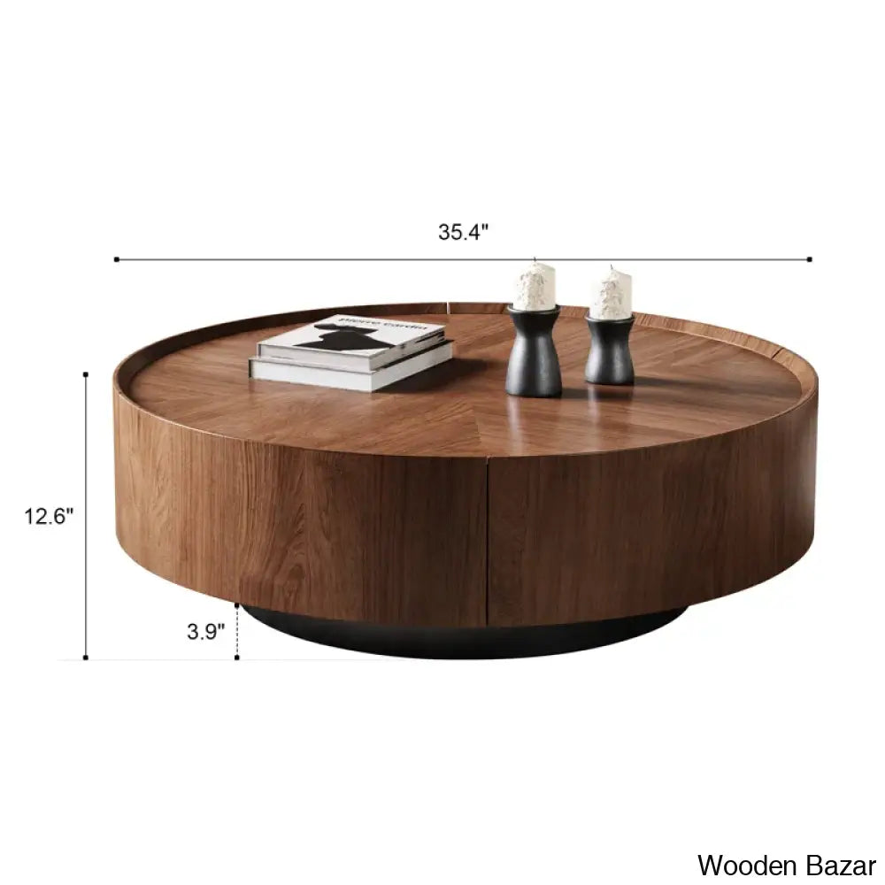 Beacon Industrial Walnut Round Coffee Table With Storage Drawers For Living Room