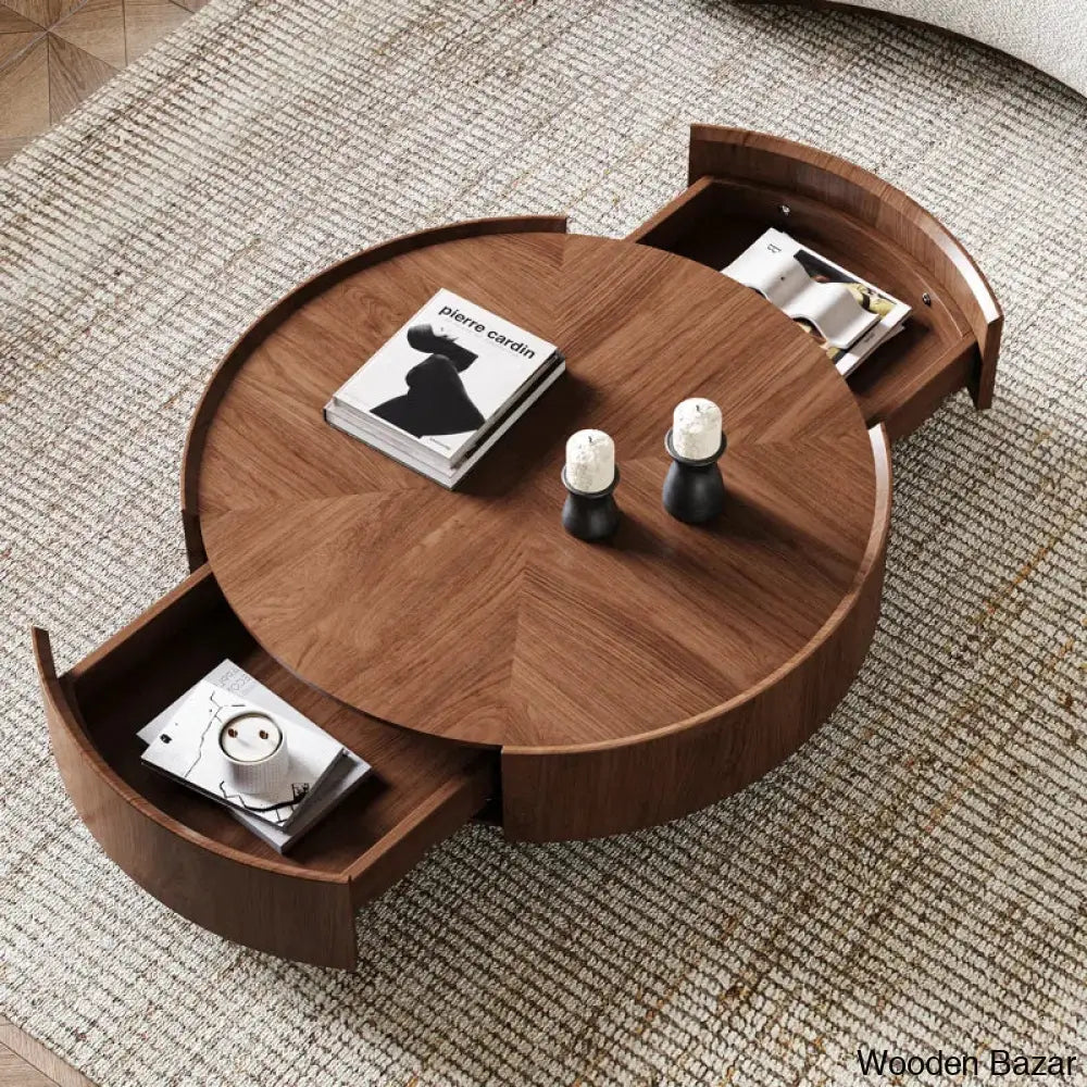 Beacon Industrial Walnut Round Coffee Table With Storage Drawers For Living Room