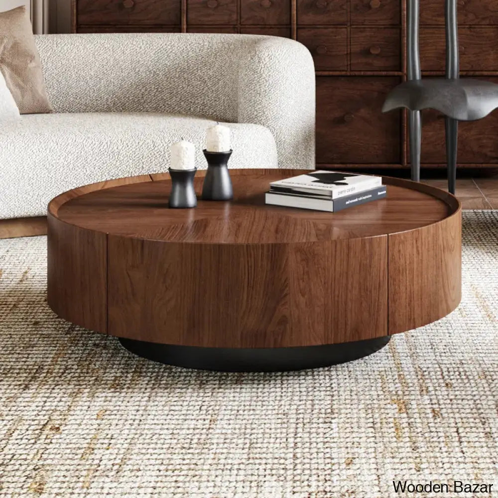 Beacon Industrial Walnut Round Coffee Table With Storage Drawers For Living Room