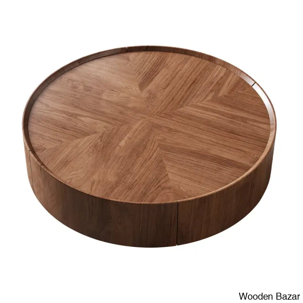 Beacon Industrial Walnut Round Coffee Table With Storage Drawers For Living Room