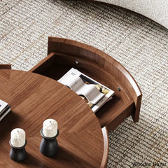 Beacon Industrial Walnut Round Coffee Table With Storage Drawers For Living Room