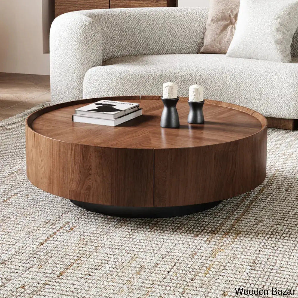 Beacon Industrial Walnut Round Coffee Table With Storage Drawers For Living Room