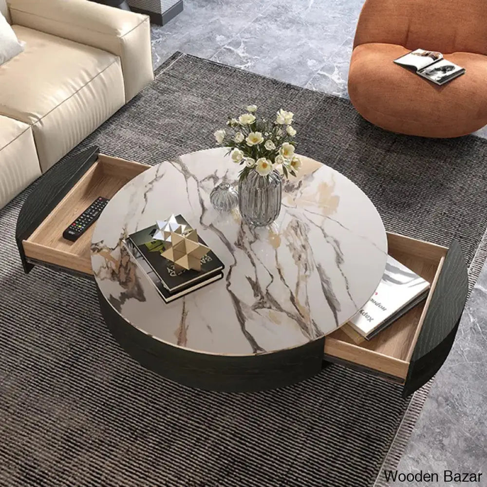 Bede Drum Coffee Table Sintered Stone Top 2 Solid Wood Drawers