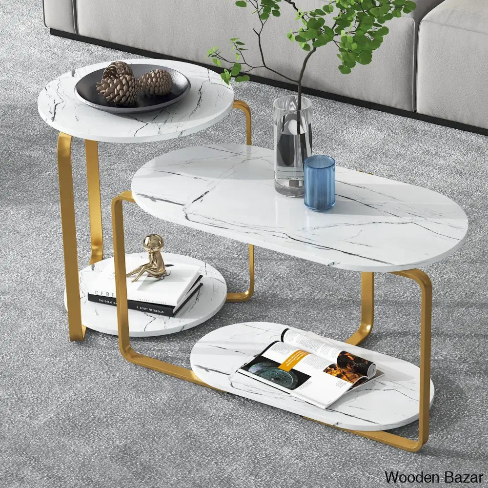 Beesonin Nesting Coffee And Center Table White Marble/Gold