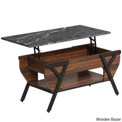 Benignon Lift Top Coffee And Center Table With Hidden Storage Faux Mable Led Light