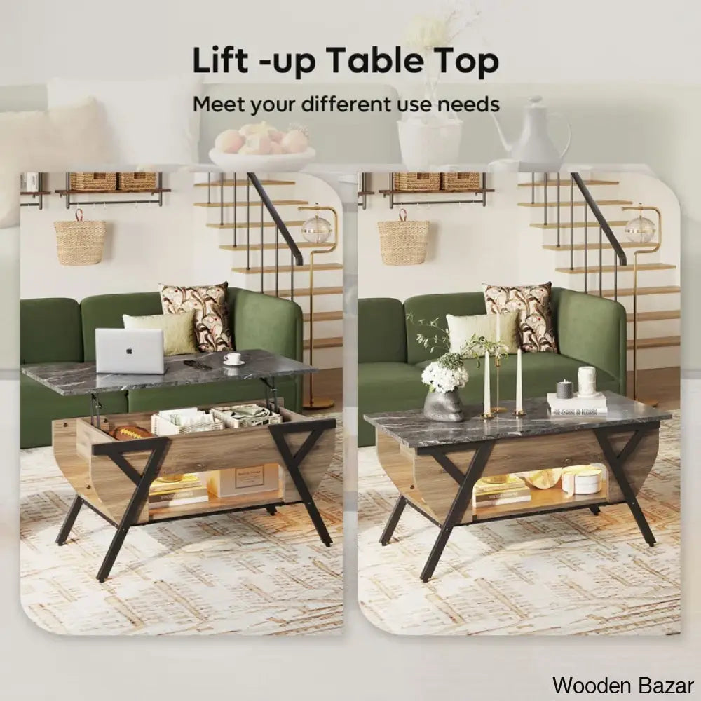 Benignon Lift Top Coffee And Center Table With Hidden Storage Faux Mable Led Light