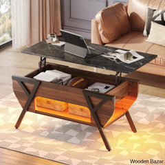 Benignon Lift Top Coffee And Center Table With Hidden Storage Faux Mable Led Light