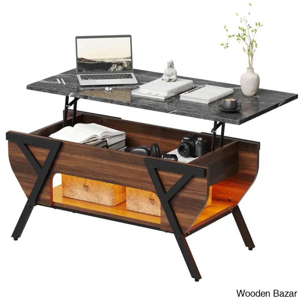 Benignon Lift Top Coffee And Center Table With Hidden Storage Faux Mable Led Light