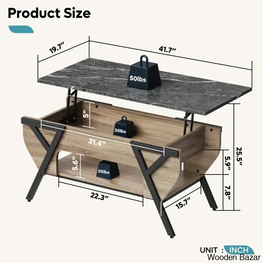 Benignon Lift Top Coffee And Center Table With Hidden Storage Faux Mable Led Light